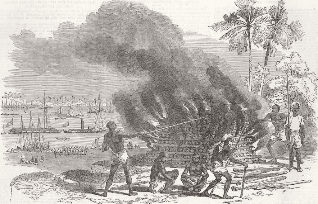 DEWAN MULRAJ. Burning body of , Sandbank, Ganges 1851 old antique print